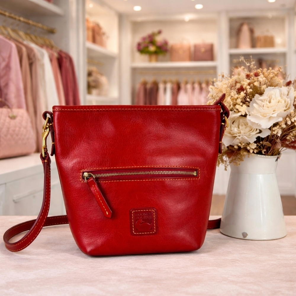 Dooney & Bourke Camden Red Florentine Leather Shoulder Crossbody Bucket‎ Bag